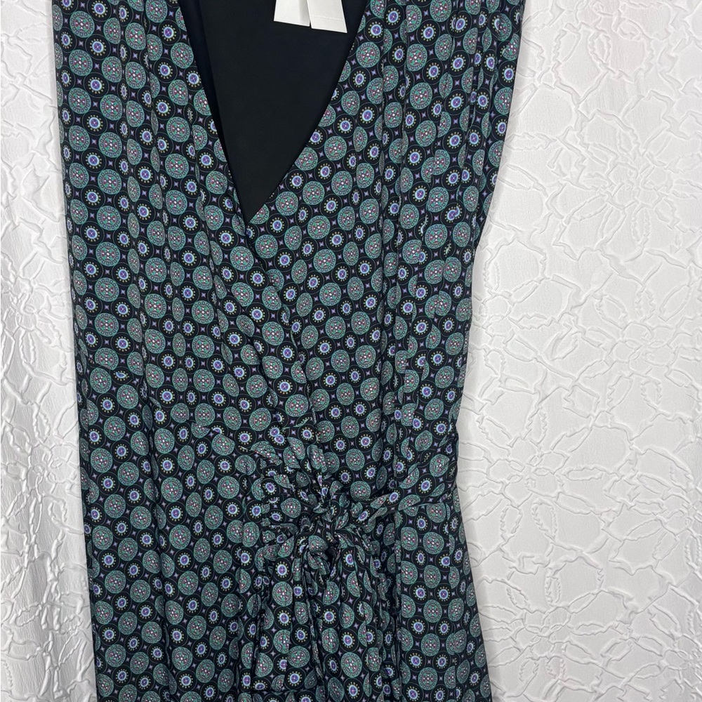 Tory Burch Medallion Print Wrap Ruffle Dress in Black and Teal NWT size 14